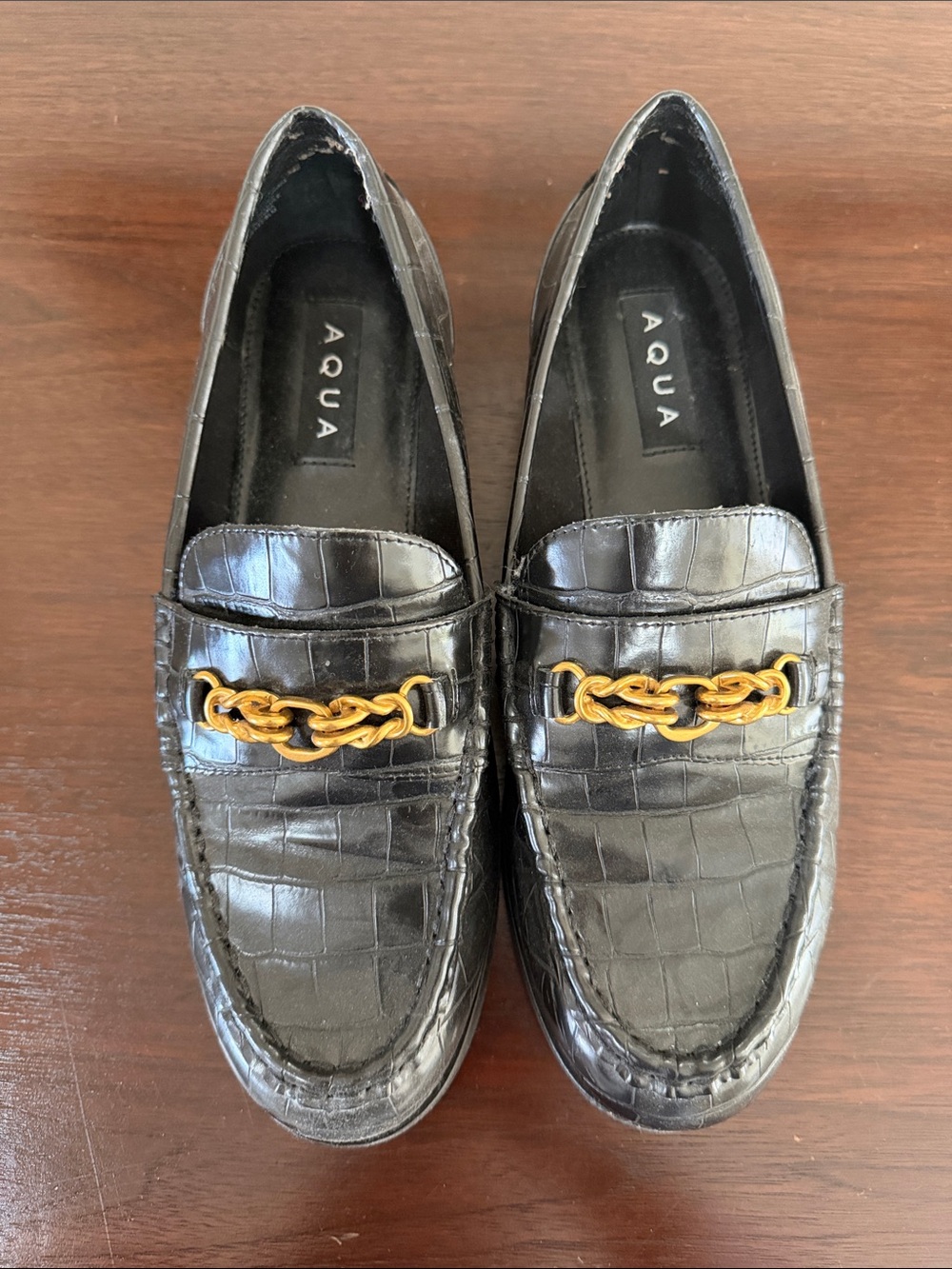 Aqua Black Croc-Embossed Loafers with Gold Chain Accent